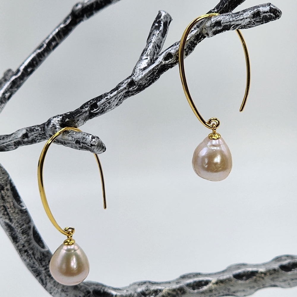 925S Ivory Cultured Freshwater Pearl Dangle Threader Hook Earring Gold Plated